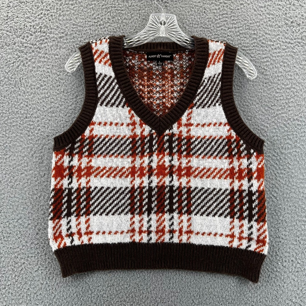 Almost Famous Sweater Plaid Vest Womens Large Soft Stretch Preppy Y2k Vibe